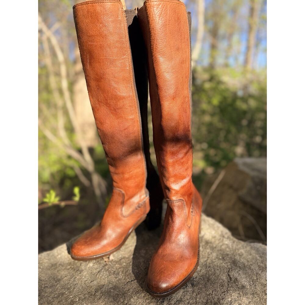 Frye Melissa Button Brown Leather Riding Boots Sz 6.5 B Tall Pull On Stretch 401 - Picture 12 of 13